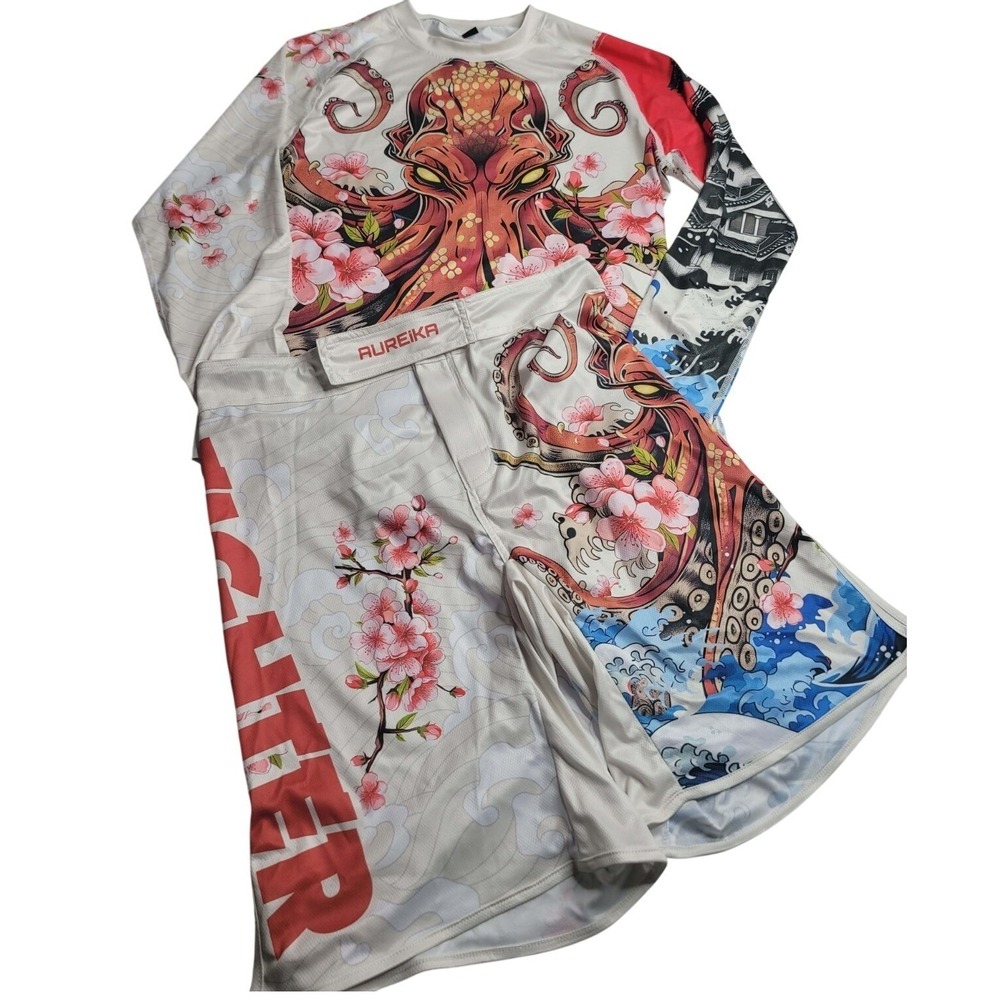 NEW Aureika Octopus Men's No-Gi Rash Guard & Fight Shorts MMA Jiu Jitsu BJJ Med